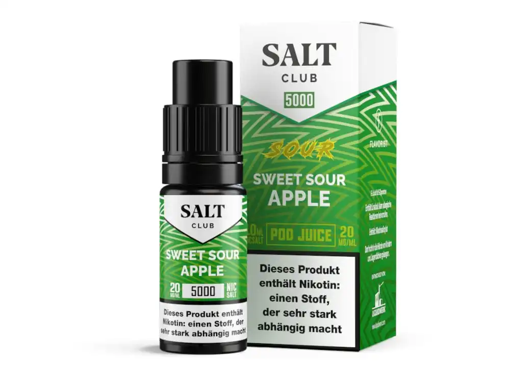 Salt Club 5000 Sweet Sour Apple 10ml Nikotinsalz-Liquid – grüne Flasche mit Apfelmotiv und grünem Produktkarton
