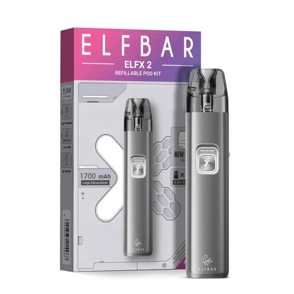 Elfbar ELFX 2 Refillable Kit in Silber-Grau mit Pod-System und Verpackungsbox