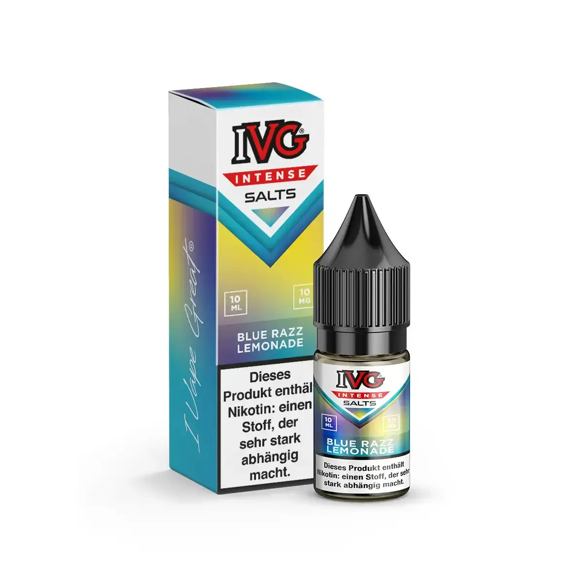 IVG Intense Salts Blue Razz Lemonade 10ml Nikotinsalz-Liquid – blau-gelbe Schachtel mit Flasche, Vorderansicht