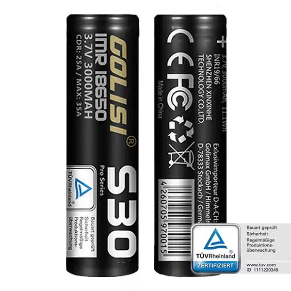 Golisi S30 18650 Akku 35A 3000mAh – zwei schwarze Akkuzellen, Vorder- und Rückseite
