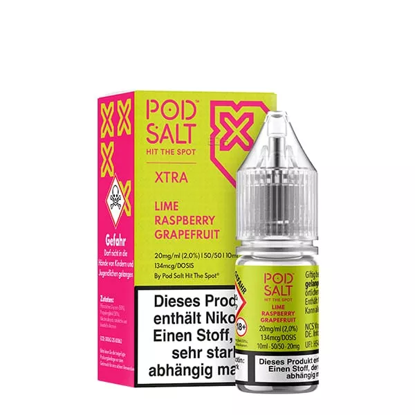 PodSalt Xtra Lime Raspberry Grapefruit 10ml Nikotinsalz-Liquid – grün-pinke Flasche mit Etikett und Warnhinweis