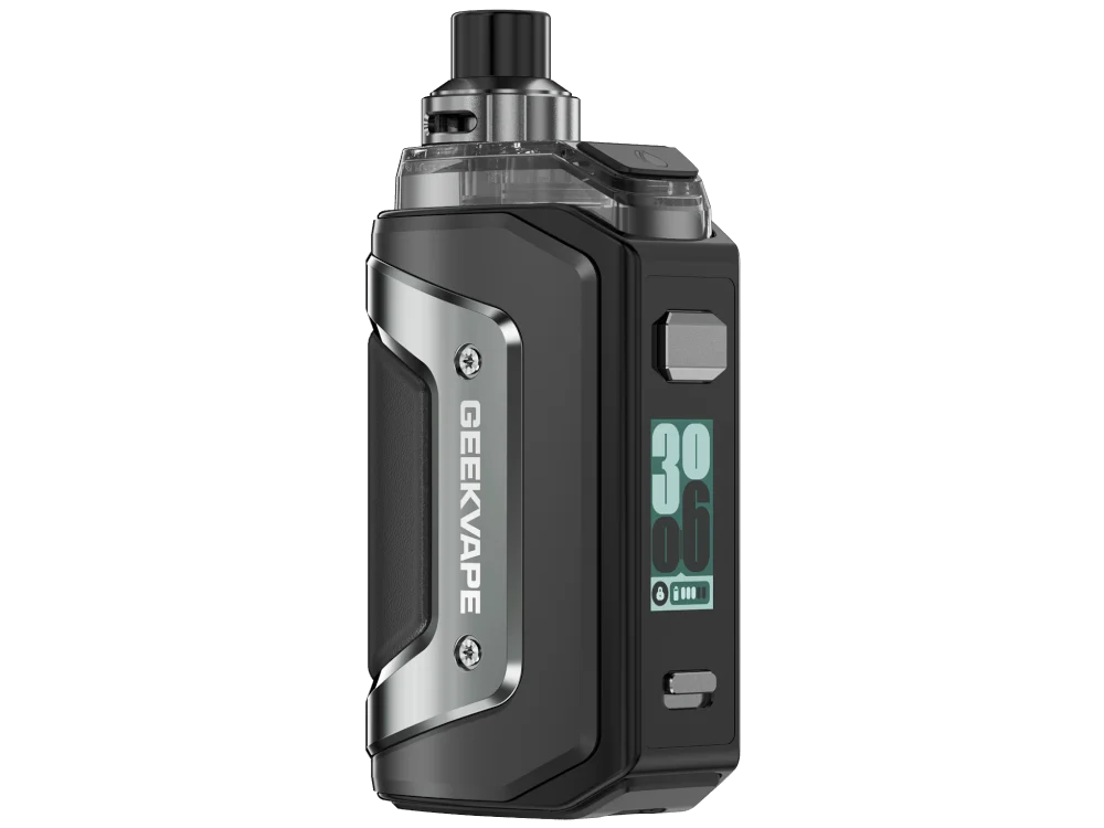 GeekVape Aegis Hero 5 Pod-Kit in Schwarz-Grau mit Farbdisplay, Frontansicht