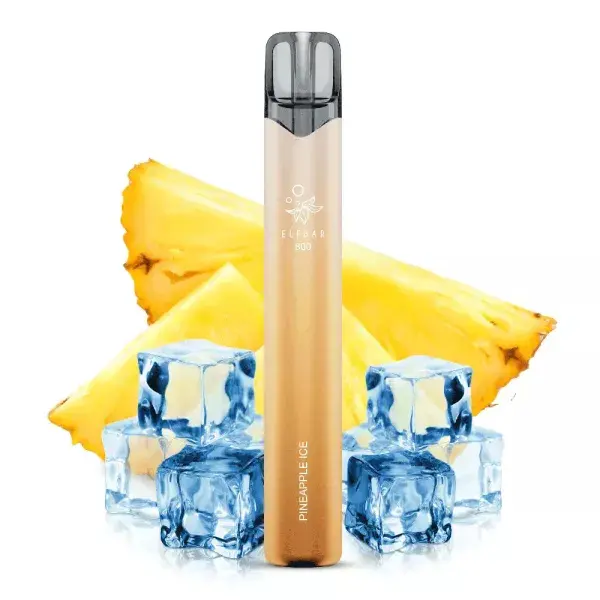 Elfbar 800 Einweg E-Zigarette Pineapple Ice in Gold-Beige mit Ananas und Eiswürfeln im Hintergrund