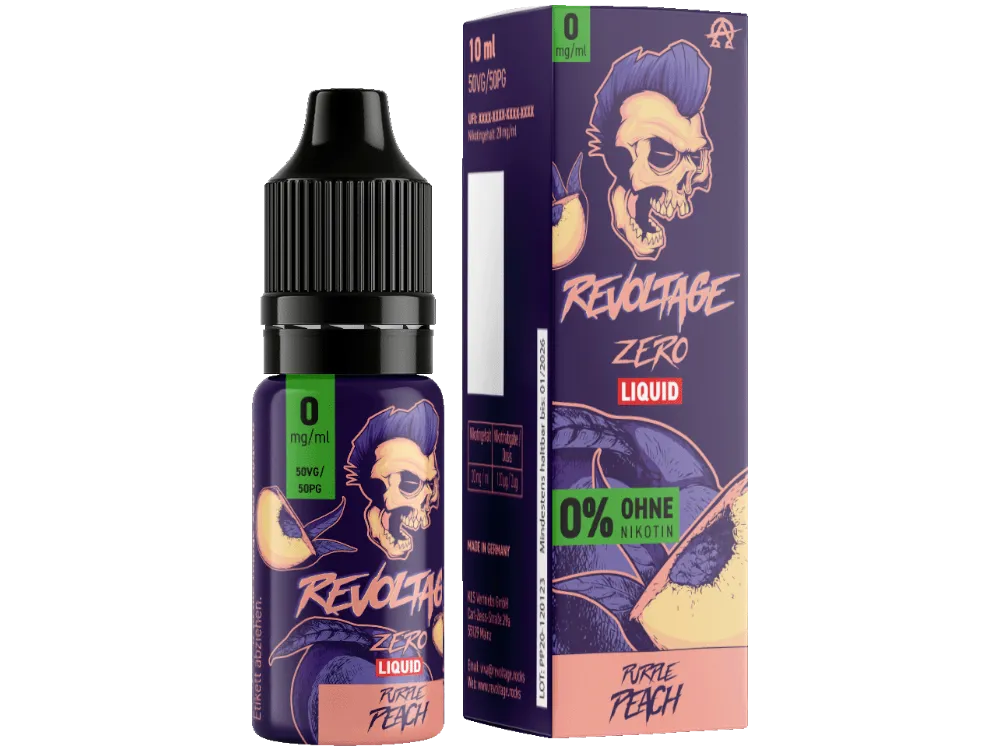 Revoltage Purple Peach Hybrid-Nikotinsalz-Liquid 10ml – Flasche mit 0 mg/ml nikotinfrei, lila Etikett mit Retro-Grafik