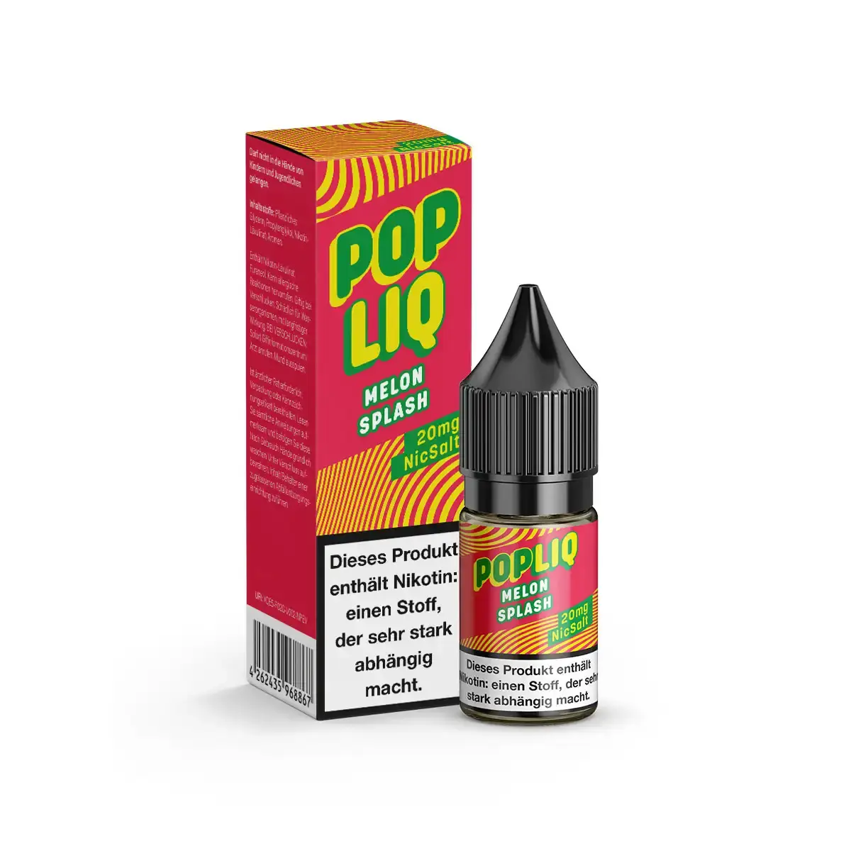 PopLiq Melon Splash 10ml Nikotinsalz-Liquid – rot-grüne Schachtel und Flasche, Seitenansicht