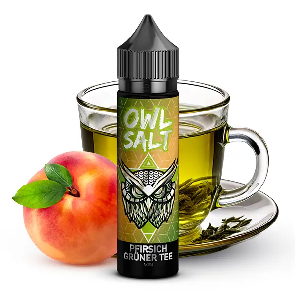 OWL Salt Pfirsich Grüner Tee Longfill 60ml Flasche mit Pfirsich und Teetasse im Hintergrund