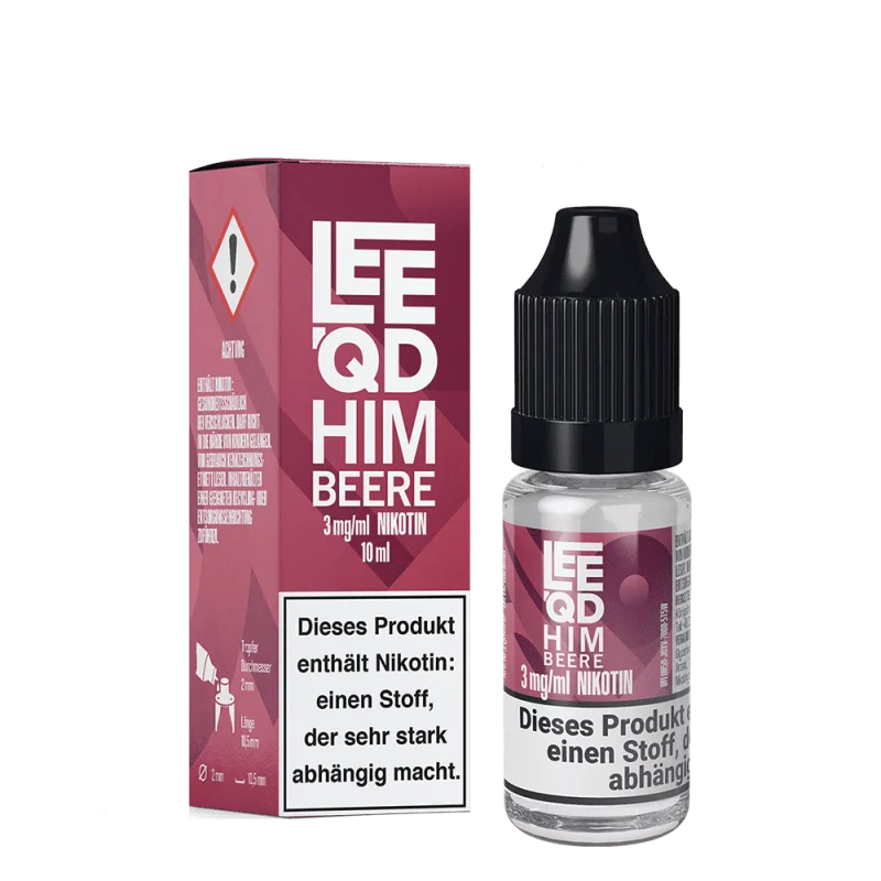 LEEQD Fruit Himbeere 10ml Liquid – pinke Faltschachtel und Flasche, Produktansicht mit Hinweis