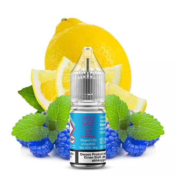 PodSalt Xtra Sour Blue Raspberry 10ml Nikotinsalz-Liquid Flasche mit Zitrone und blauen Himbeeren