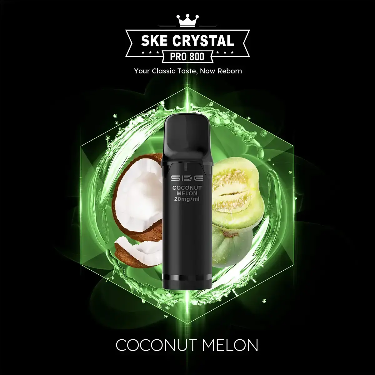 neu-ske-crystal-800-pro-prefilled-pods-matchbar-2-stueck-coconut-melon-20mg-ml-steuerware~2.png SKE Crystal 800 Pro Prefilled Pod Coconut Melon – zwei schwarze Pods vor grünem Hintergrund mit Kokosnuss