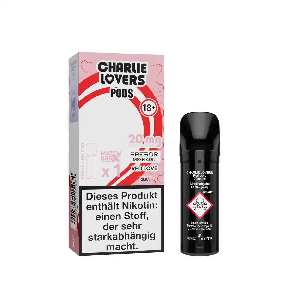 Charlie Lovers Prefilled Pod Red Love – Verpackung und schwarzer Pod mit rotem Etikett