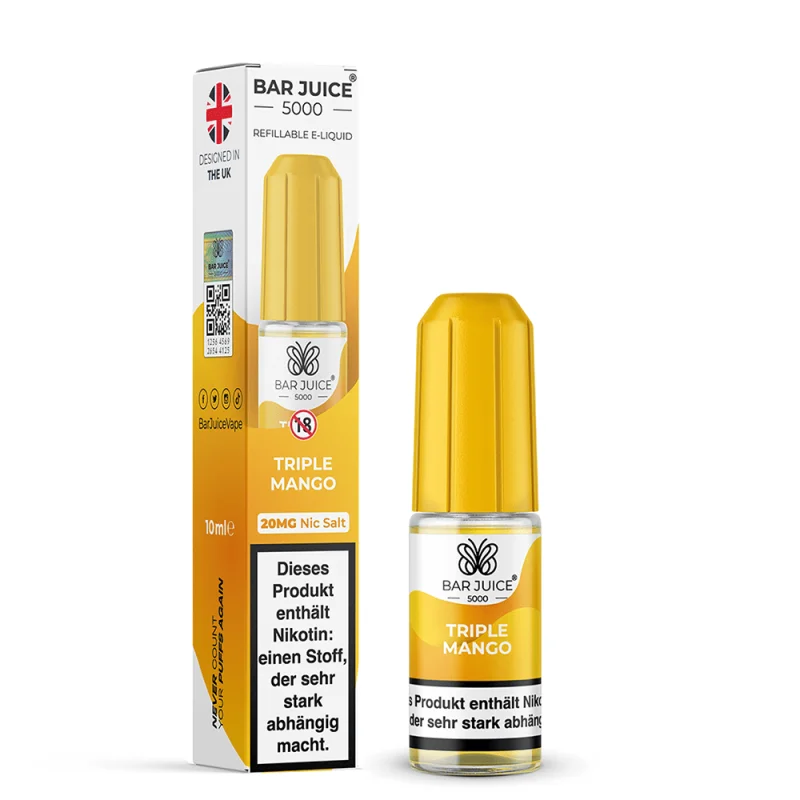 Bar Juice 5000 Triple Mango 10ml Nikotinsalz-Liquid, gelbe Flasche mit Verpackungskarton