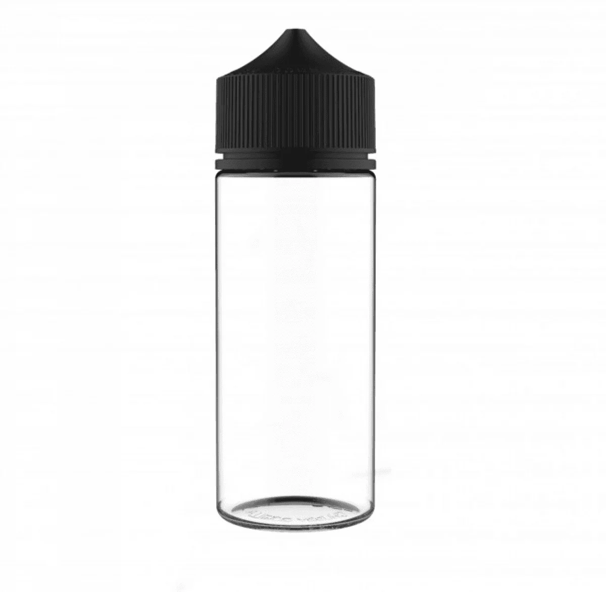 Chubby Gorilla V3 Leerflasche 120ml PET, transparent mit schwarzem Dosierverschluss, Seitenansicht