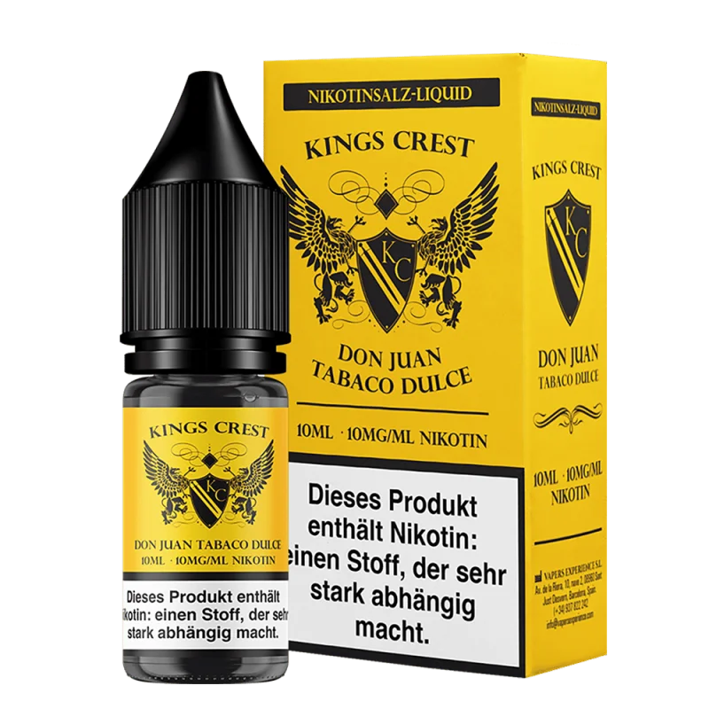 Kings Crest Don Juan Tobaco Dulce Nikotinsalz-Liquid 10ml – Flasche und Verpackungskarton in Schwarz-Gelb