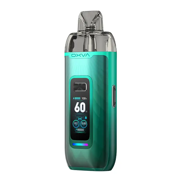 Oxva VPrime Pod Kit in Türkis/Grün, Vorderansicht mit Farbdisplay und eingesetztem Pod