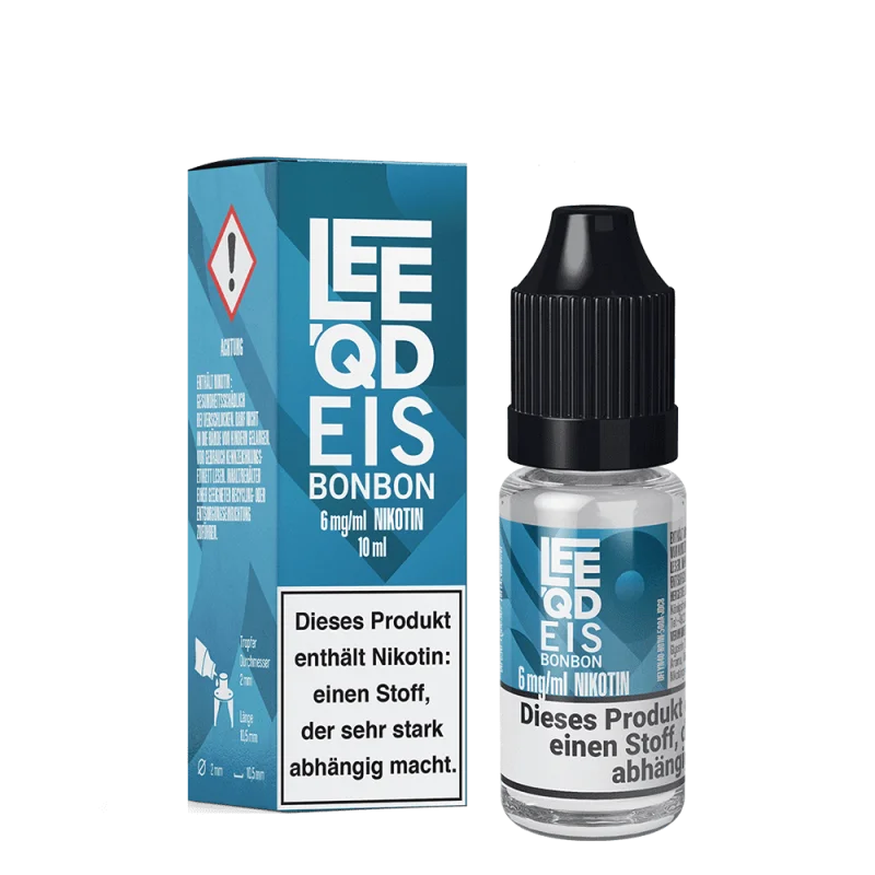 LEEQD Fresh Eisbonbon 10ml Liquid – hellblaue Box neben kleiner Flasche, Seitenansicht