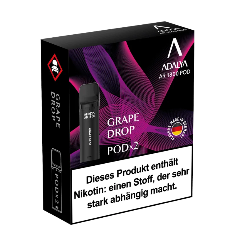 Adalya AR1800 Prefilled Pod Grape Drop – dunkle Verpackungsbox mit 2 Pods, violetter Hintergrund