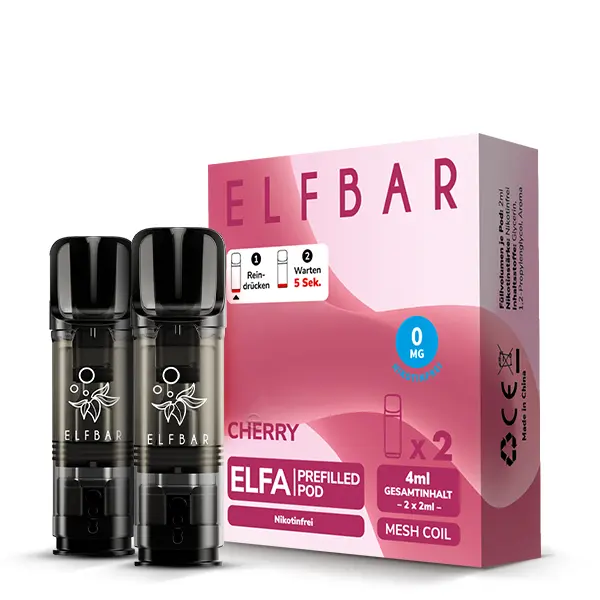 elfbar-elfa-cherry-5.jpg Elfbar Elfa Prefilled Pod Cherry 0mg/ml zwei Pods in pinker Verpackung mit Aufschrift Elfa 2er-Pack