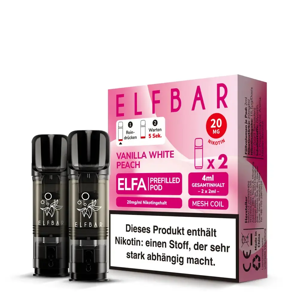 Elfbar Elfa Prefilled Pod Doppelpack Vanilla White Peach – 2 schwarze Pods mit rosa Verpackung