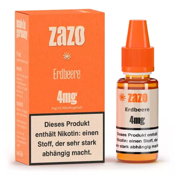 ZAZO Classics Erdbeere 4mg eLiquid – Flakon neben orangefarbener Schachtel, Erdbeere-Geschmack, 10ml
