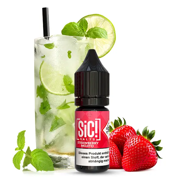 SiC! Salts Strawberry Mojito 10ml Nikotinsalz-Liquid Flasche mit Mojito-Glas, Limette und Erdbeeren