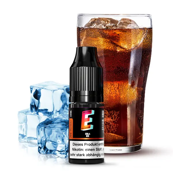 E-Intense Cola Ice 10ml Nikotinsalz-Liquid – schwarze Flasche mit Cola-Glas und Eiswürfeln im Hintergrund