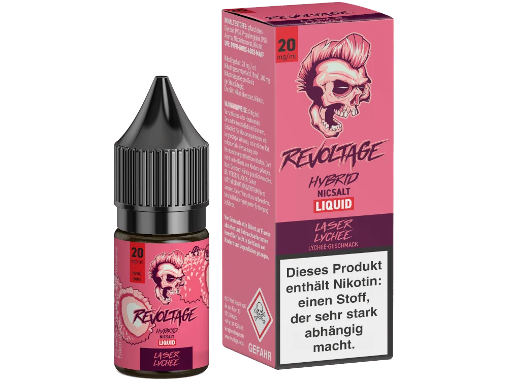 Revoltage Laser Lychee 10ml Hybrid-Nikotinsalz-Liquid – pinke Flasche mit Box und Nikotinhinweis
