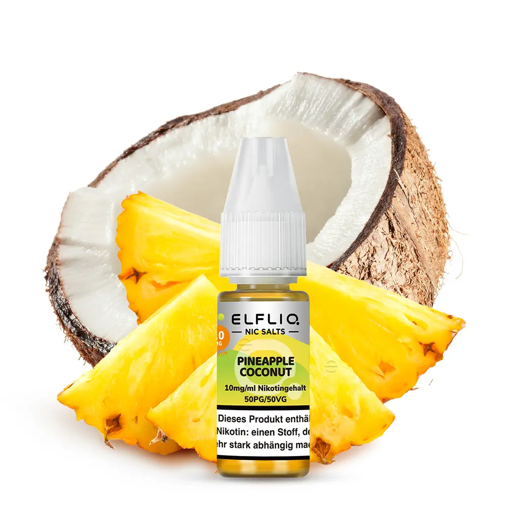 Elfliq Pineapple Coconut Nikotinsalz-Liquid von Elfbar – Flasche vor Ananas und Kokosnuss, Frontansicht