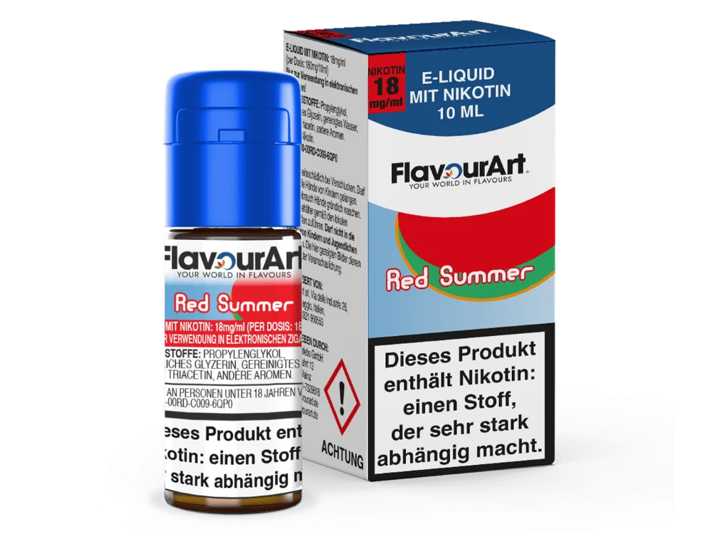 Flavourart Red Summer 10ml Liquid – Flasche mit blauer Box, rote Wassermelonen-Grafik, 18mg Nikotin