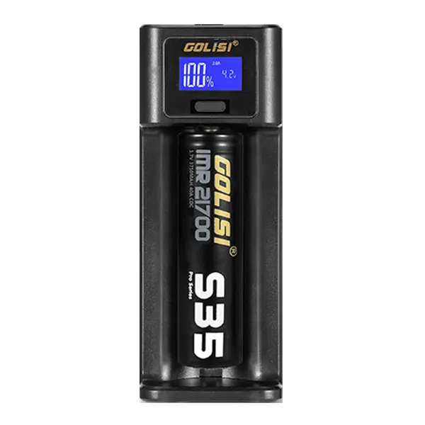 Golisi i1 Ladegerät mit eingelegtem Akku S35 und LCD-Anzeige, Frontansicht