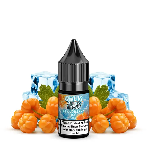 Owliq Cloudberry Ice 10ml Nikotinsalz-Liquid – Flasche mit goldgelben Moltebeeren und Eiswürfeln