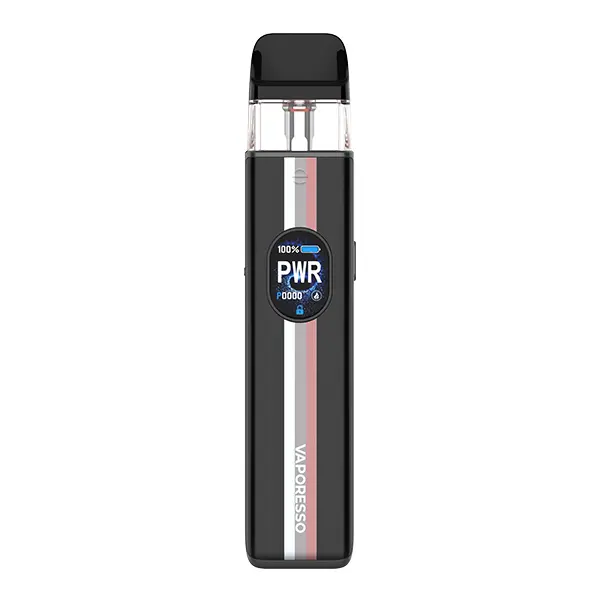 Vaporesso Xros 5 Pod Kit in Carbon Stripes – schwarzes Gerät mit rot-weißem Streifen, Pod-System frontal
