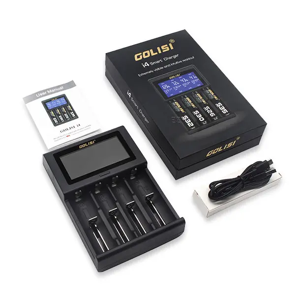 Golisi i4 Ladegerät für 4 Akkus mit LCD-Display, schwarze Verpackung und USB-Kabel