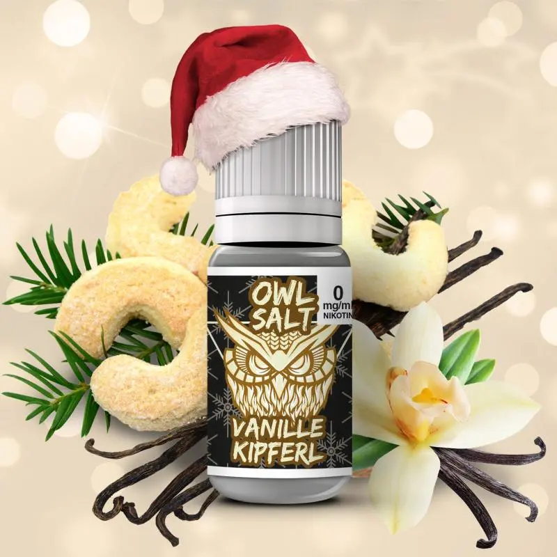 OWL Salt Vanillekipferl Nikotinsalz-Liquid 10ml Flasche mit Weihnachtsmütze und Vanilleblüten