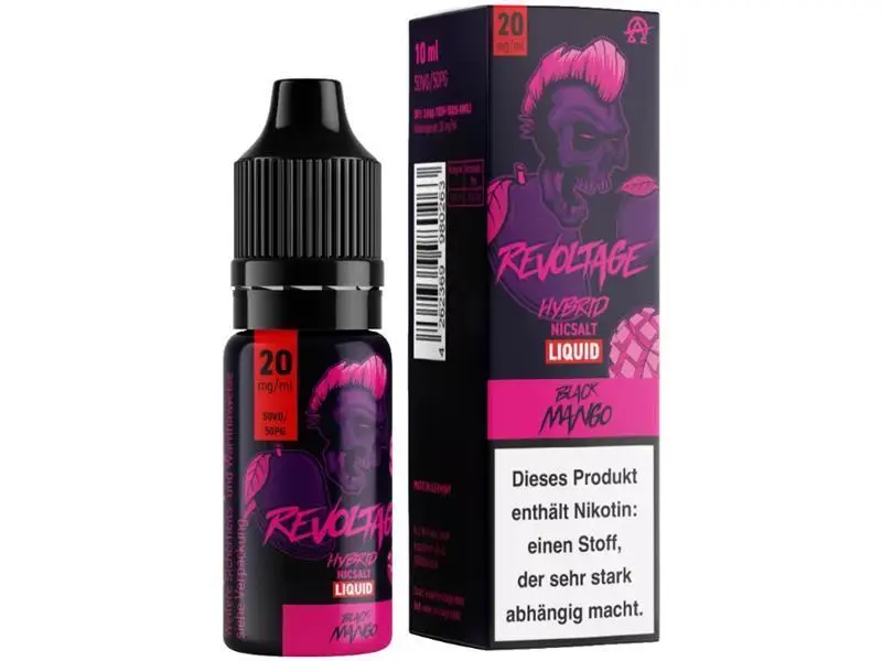 source436049.png Revoltage Black Mango Hybrid-Nikotinsalz-Liquid 10ml in dunkler Flasche mit pinkfarbener Verpackungsbox