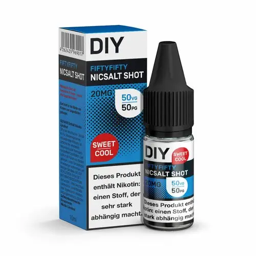 DIY Base Nicsalt Shot Sweet & Cool Fiftyfifty 20 mg/ml in blauer 10-ml-Flasche mit Warnhinweis