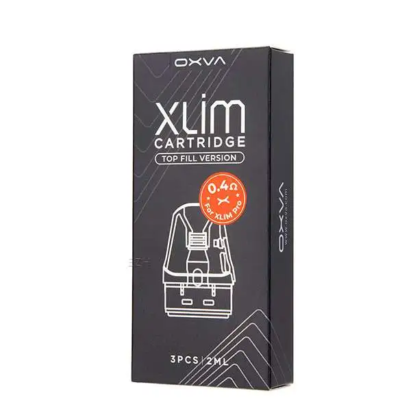Verpackung 3x OXVA Xlim Top Fill Ersatz-Pod, schwarze Box mit Aufschrift 0,4 Ohm 2ml