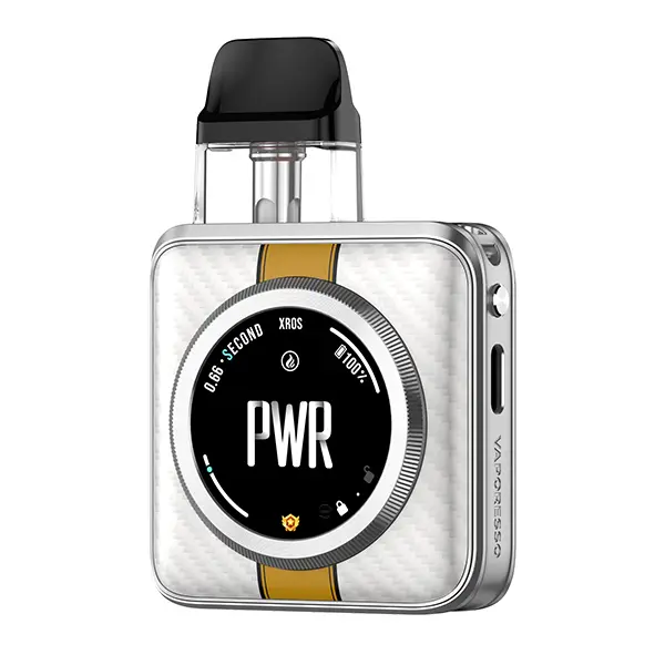 Vaporesso XROS 5 Nano Pod Kit in Weiß-Silber mit goldenem Akzentstreifen und PWR-Display