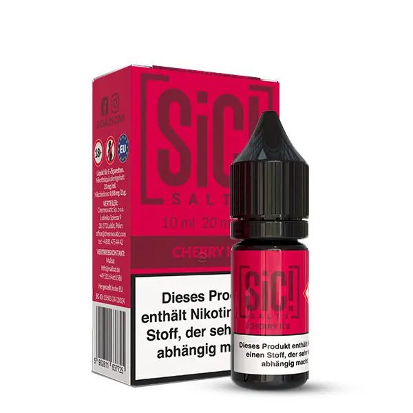 SiC! Salts Cherry Ice 10ml Nikotinsalz-Liquid – rote Schachtel mit Flasche, Frontansicht