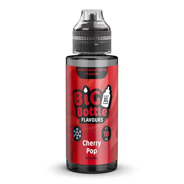 Big Bottle Flavours Cherry Pop Longfill 120ml Flasche, rotes Etikett, Nahaufnahme