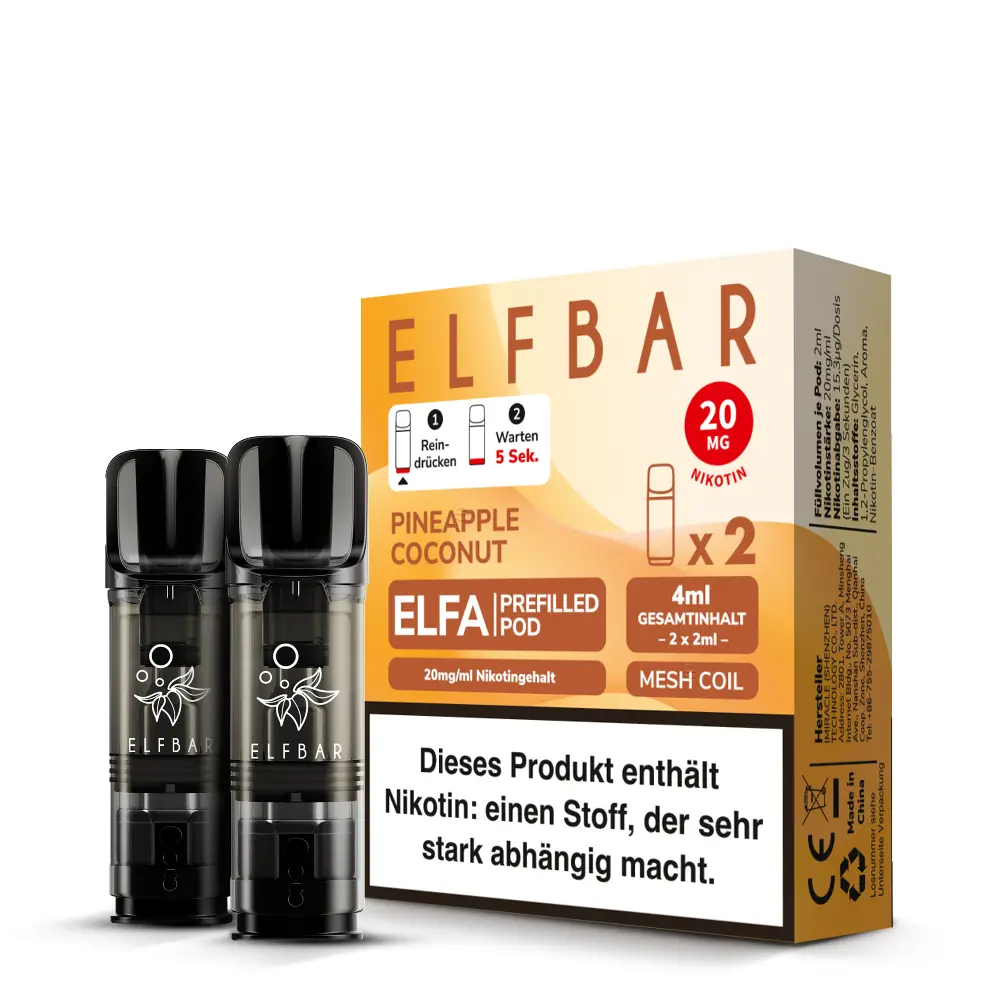Elfbar Elfa Prefilled Pod Pineapple Coconut 20mg/ml im 2er-Pack, goldene Verpackung mit zwei schwarzen Pods
