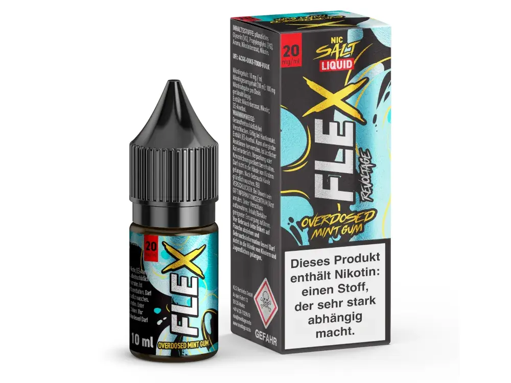 Revoltage Flex Overdosed Mint Gum Nikotinsalz-Liquid 10ml – Flasche neben Schachtel, türkis-gelbes Design