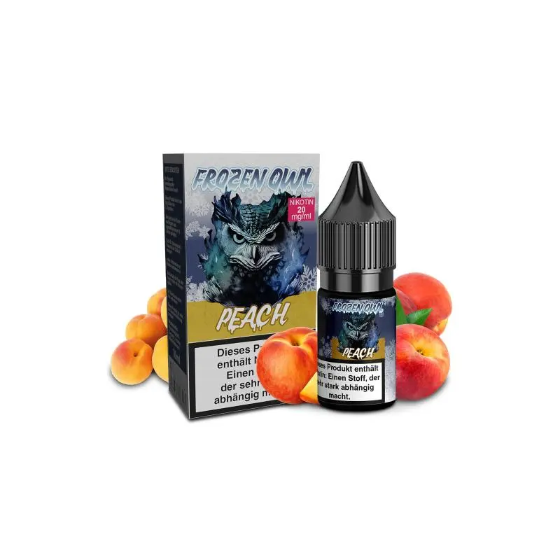 OWL Frozen Peach Nikotinsalz-Liquid 10ml – Flasche neben Karton mit Pfirsich-Darstellung