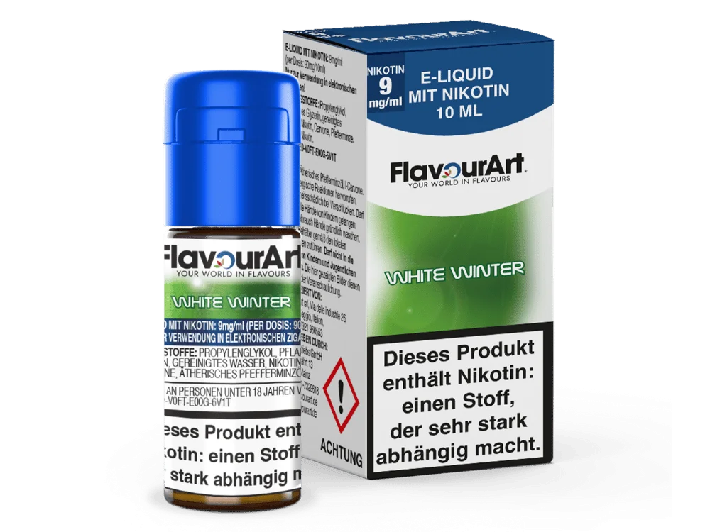 Flavourart White Winter 10ml eLiquid 9mg/ml, grüne Verpackung mit Flasche, Schrägansicht
