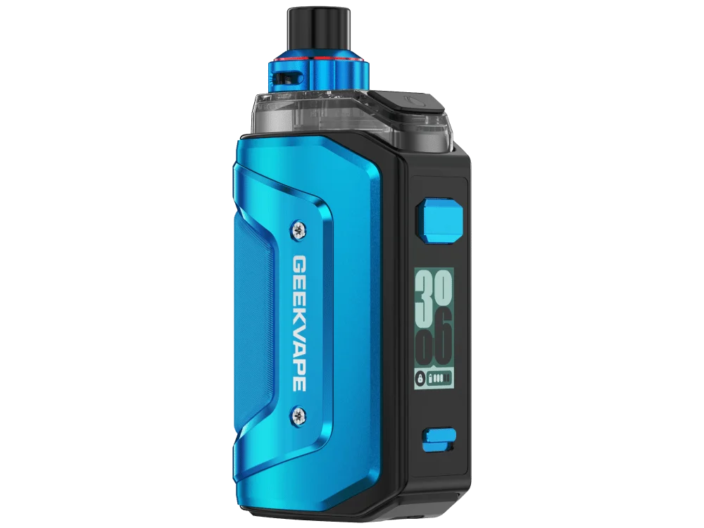 GeekVape Aegis Hero 5 Pod-Kit in Blau, Frontansicht mit Tank und seitlichen Tasten
