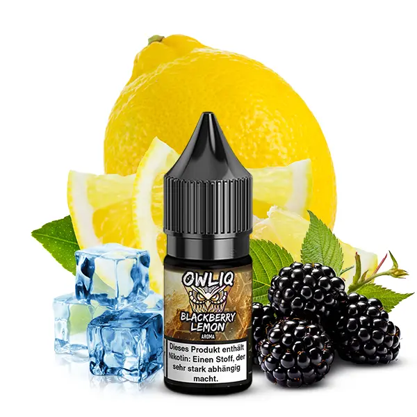 Owliq Blackberry Lemon 10ml Nikotinsalz-Liquid – Flasche vor Zitrone und Brombeeren