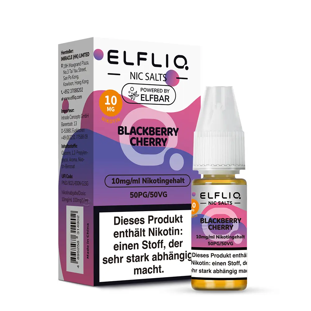 Elfliq Blackberry Cherry 30mg Nikotinsalz-Liquid von Elfbar – Flasche mit lila Etikett, Vorderansicht
