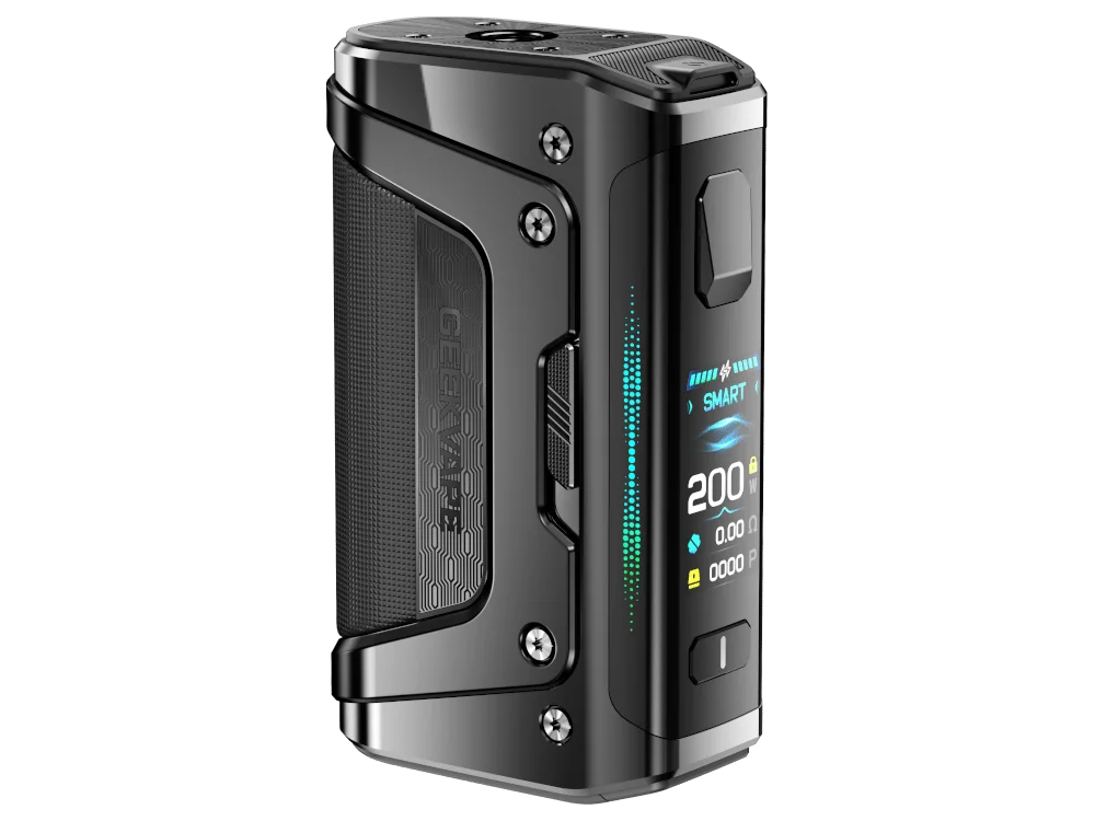 GeekVape Aegis Legend 5 Mod in Schwarz-Grau mit farbigem TFT-Display und 200W, Frontansicht