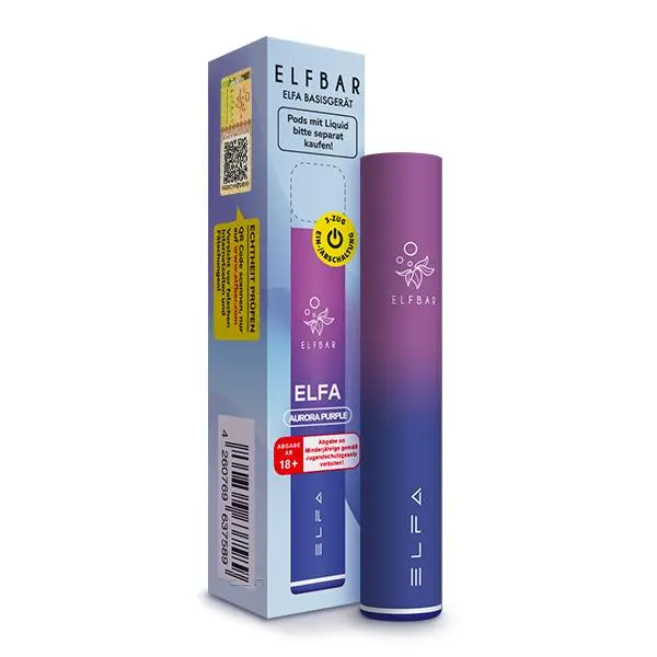 Elfbar Elfa CP Basisgerät in Lila mit Verpackungskarton, schlankes Pod-System von Elfbar