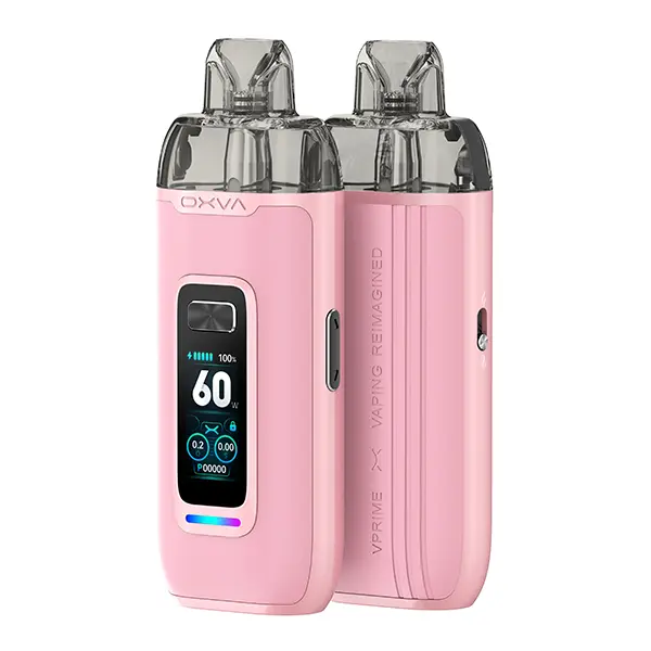 Oxva VPrime Pod Kit in Rosa, Vorder- und Seitenansicht mit Farbdisplay und transparentem Pod