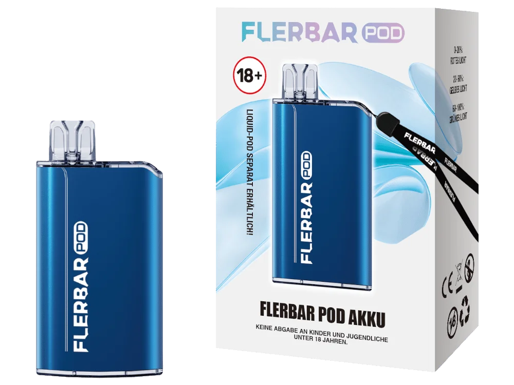 Flerbar Basisgerät in Blau mit passender Verpackungsbox, kompaktes Pod-System mit Lanyard